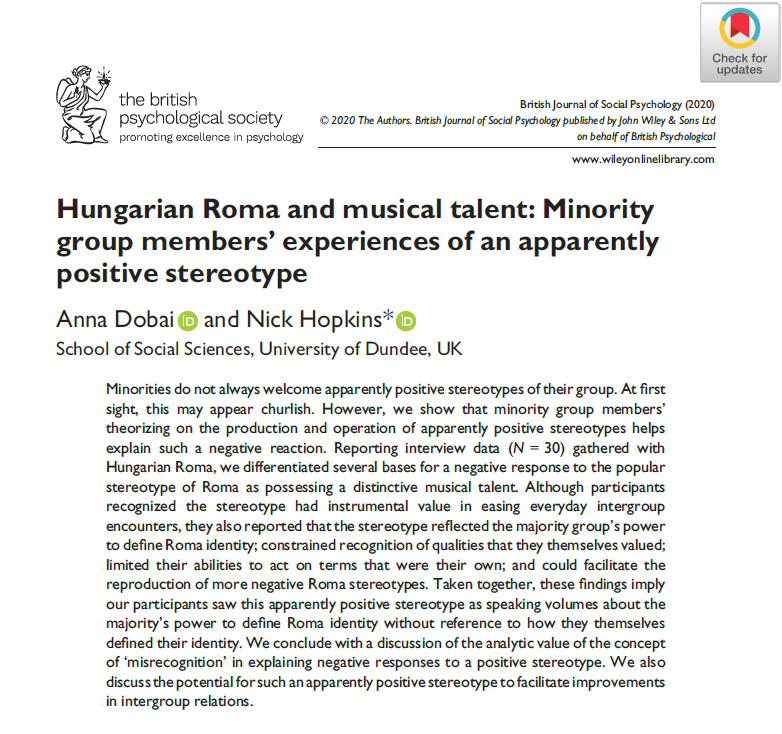 RubinPsyc's tweet photo. Really interesting qualitative study considers minority group members’ negative responses to positive stereotypes of their group.

In this study, the positive stereotype is the musical talent of Hungarian Roma.

Publisher’s Open Access: https://t.co/rhhES5yBh7 https://t.co/IboZzeQm1k