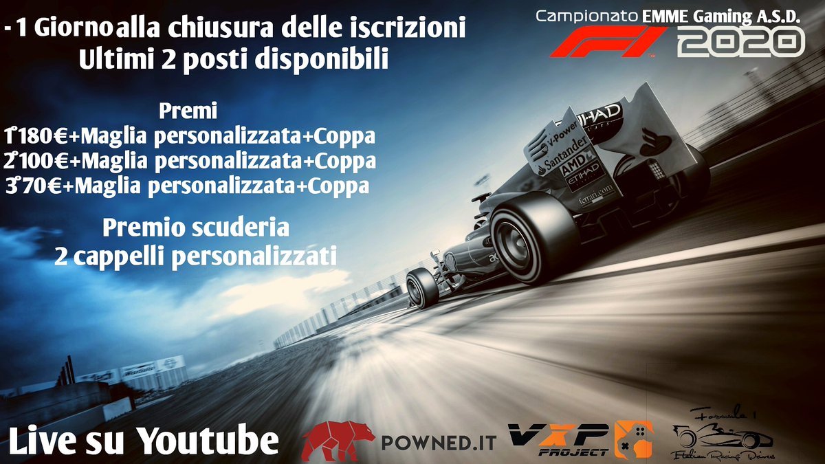 EMME_GAMING_'s tweet photo. Mancano poche ore alla chiusura delle iscrizioni per il #campionatof12020 su #Ps4.
Ricchi premi vi aspettano!!
#live in #streaming di ogni #granpremio!!
Info e iscrizioni in privato!! Vi aspettiamo!!
#goEMME #Esports #ItalianRacingDrivers @Powned_IT @vxp_project https://t.co/cX0990xOhg