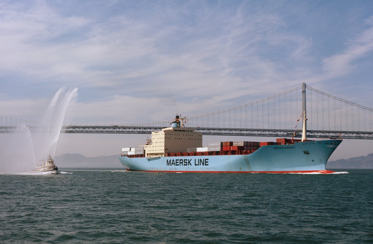 Maersk's tweet image. 45 years ago Adrian Mærsk launched our first containerised route - The Panama Line. The voyage began 5 September 1975 when Adrian Mærsk left pier 51 in Newark, New Jersey loaded with 385 containers.  
#Maersk #Maerskheritage #containerisation