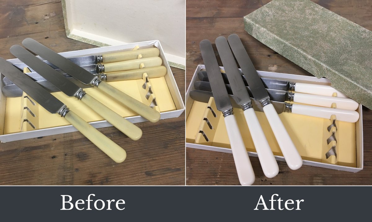 HospitalCutlery's tweet photo. These #tableknives, originally crafted by John Round & Son Ltd, were gifted as a wedding present in 1939.
Our customer trusted us to #restore them to their former glory after being extensively used by two generations.
#cutleryhospital #refurbishment #creamhandled #silverware https://t.co/NIf31WZUou