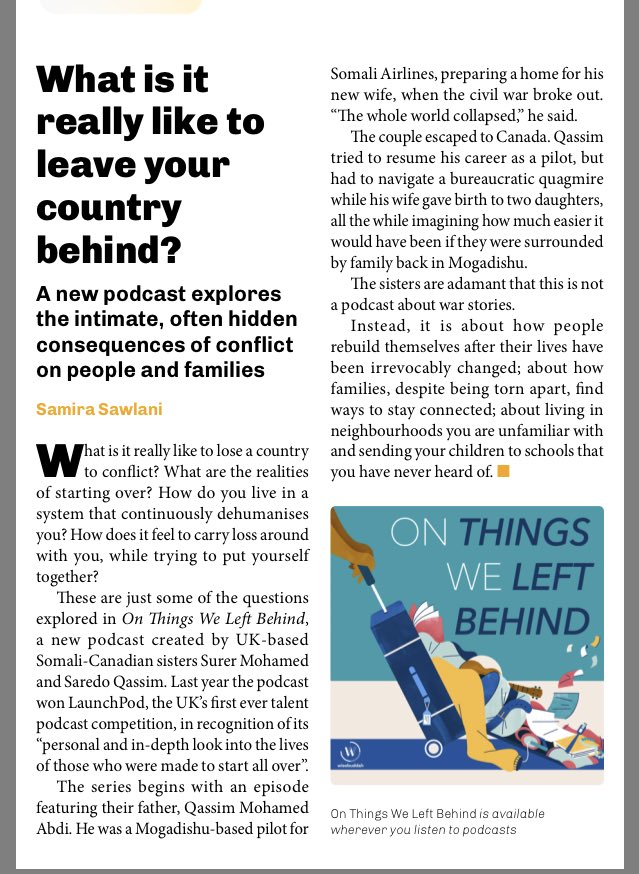 If there is one thing you do today.... it’s to start listening to The On Things We Left Behind podcast <a href="/onthingsweleft/">On Things We Left Behind Podcast</a> - I did a little write-up about it for <a href="/thecontinent_/">The Continent</a> - &amp; my (long &amp; beautiful!) interview with the creators <a href="/surermohamed/">Surer Mohamed, PhD</a> &amp; <a href="/SaredoQassim/">Saredo</a> is out next week