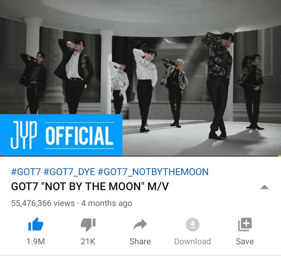 GOT7StreamTeam's tweet photo. [UPDATE]

#GOT7_NOTBYTHEMOON  MV views
6th September ,6PM KST

Current Views: 55,476,266
Likes: 1.9M

MV link: https://t.co/NGNX5OPcG0

Added views in last 24hrs: 137,507

Keep Streaming ahgase 
Views rate is decreasing. 

#TEAM_NBTM 
#GOT7  
#GOT7_DYE 
@GOT7Official https://t.co/Kj0H3D5B4a