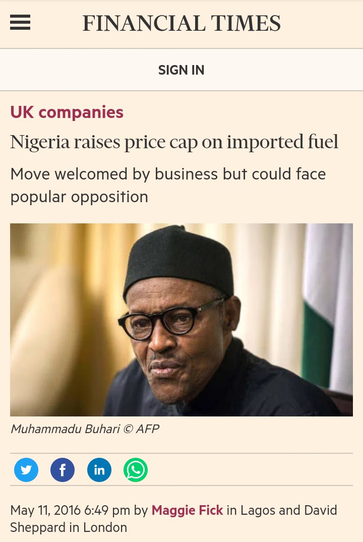 4/ On May 11, 2016, Buhari's admin steeply hiked petrol pump price from N87/litre that it met on May 29, 2015, when  @GEJonathan handed-over to it, to N145/L, saying subsidy regime was not sustainable, as Nigeria was broke.Buhari had always called subsidy payment on PMS a fraud.