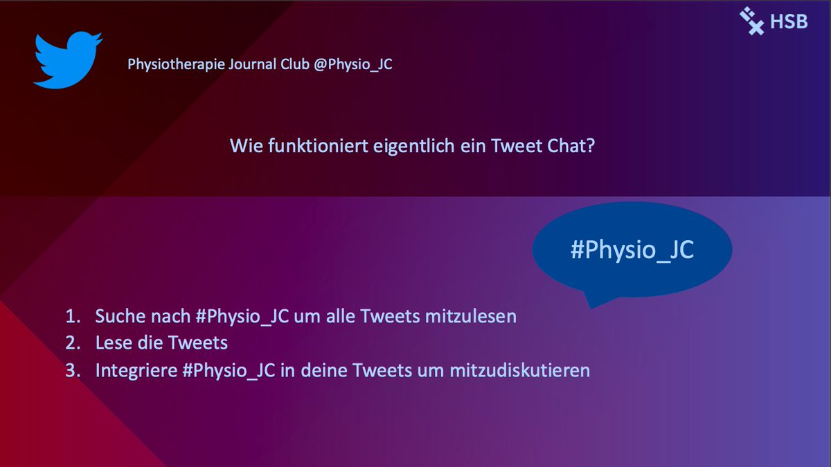 Guten Abend an alle! Wir freuen uns, dass Sie sich entschieden haben an unserem heutigen Journal Club teilzunehmen. Damit Sie sich mit der TweetChat Funktion vertraut machen können schreiben Sie von wo aus Sie heute Abend twittern. Eine Anleitung gibt es hier #Physio_JC