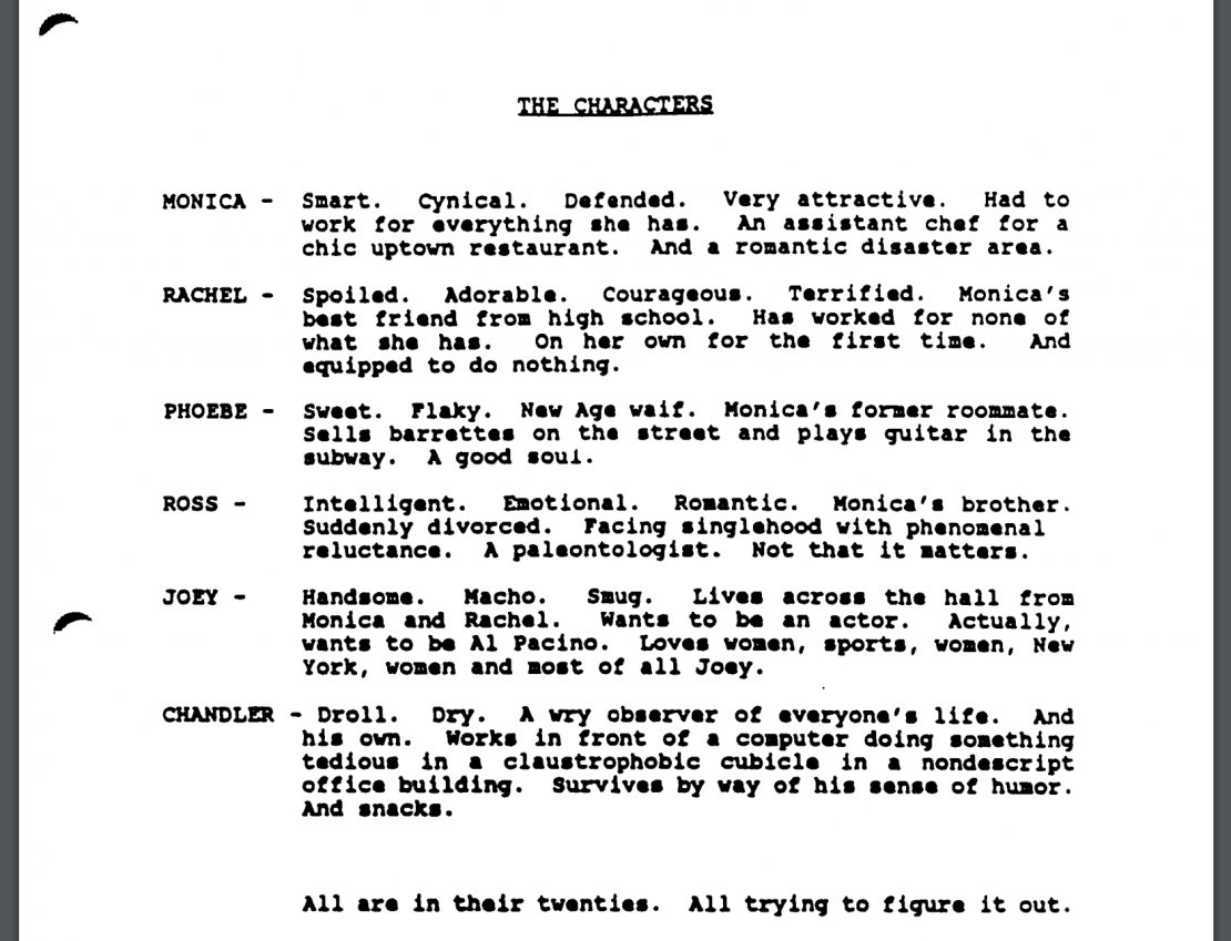 bloguionistas's tweet photo. Descripción de los personajes de FRIENDS en el guión del episodio piloto, escrito por David Crane y Marta Kauffman. https://t.co/yR7DRw4oMo