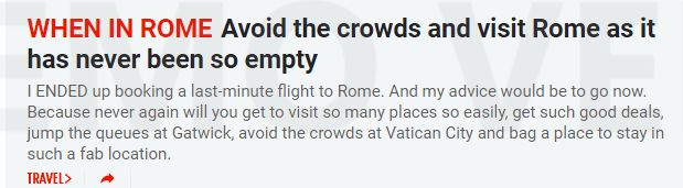 wheninrometours's tweet photo. There has NEVER IN HISTORY been a BETTER TIME to VISIT ROME! The city is SAFE AS HOUSES (Old Houses) >> Check the PHOTOS! Courtesy of British broadsheet THE SUN! Visit us at https://t.co/STFBiz6tVn https://t.co/4eyNt8x3DE