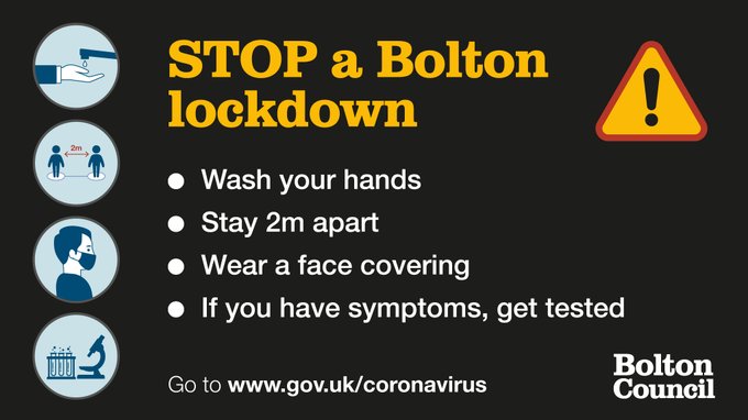 boltoncouncil's tweet image. ⚠️ Bolton Council have confirmed additional COVID-19 measures for Bolton.
We ask all residents with immediate effect to:
 🔴 Only use public transport for essential purposes - travel to education/work
🔴 Not meet other households indoors or outdoors
ow.ly/eNO430r8jzi