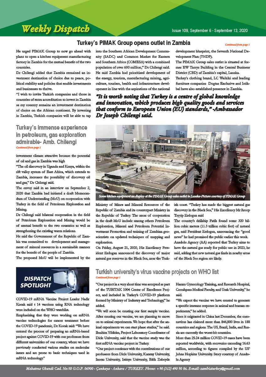 Enjoy reading the 109 edition of the Turkish and English versions of the Weekly Dispatch. 
For more information kindly  visit our website zambiaembassy.org.tr