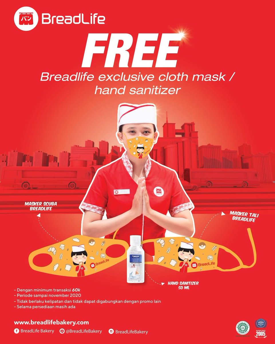 EmporiumPluit's tweet photo. Hi #BreadLifeLovers, karena #BreadLifePeduli, maka GRATIS HAND SANITIZER atau BREADLIFE EXCLUSIVE CLOTH MASK.
#PromoBreadLife hadir lagi dengan Gratis HAND SANITIZER atau BREADLIFE EXCLUSIVE CLOTH MASK dengan pembelanjaan minimum Rp.60.000.
BreadLife | 4th Floor, EPM https://t.co/HCNlzpg7S2