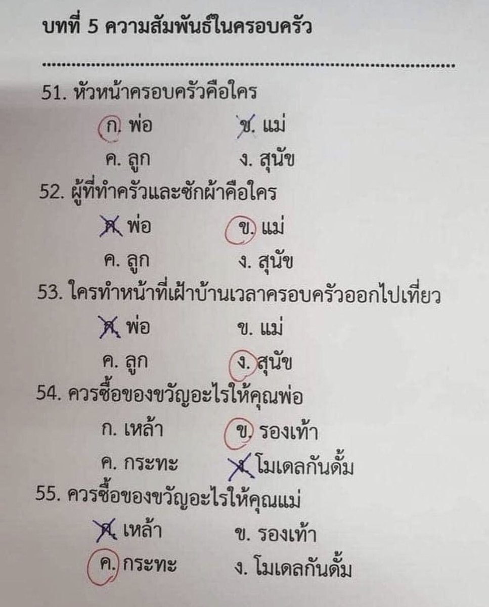 เพราะการศึกษาไทยมันตีกรอบแบบนี้ไง ระบบความคิดบางคนถึงได้พัง แบบฝึกหัดอันนี้ไร้ประสิทธิภาพในการประมวลความรู้เลย ทำมาทำไม วัดอะไรไม่ได้ด้วยซ้ำนอกจากความดักดานของคนออกโจทย์