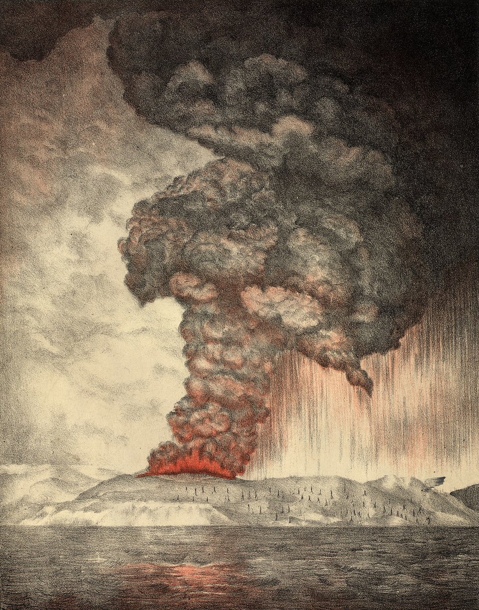 L'explosion de 14h est accompagnée d'abondantes projections de cendres propulsées jusqu'à plus de 27km de hauteur. En retombant, elles recouvrent tout dans un rayon de 160 km autour du Krakatoa, plongeant la région dans une nuit totale.