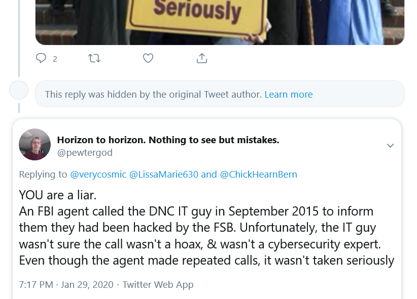 verycosmic's tweet photo. Someone just resurrected an old #DNCApp thread, & I'm scrolling thru it & I see "This tweet was hidden by the original tweet author," so I thought well that's a neat trick, who has the ability to hide individual tweets?
It's my tweet. I can see it if I view the thread incognito. https://t.co/yGqc3lOTF1