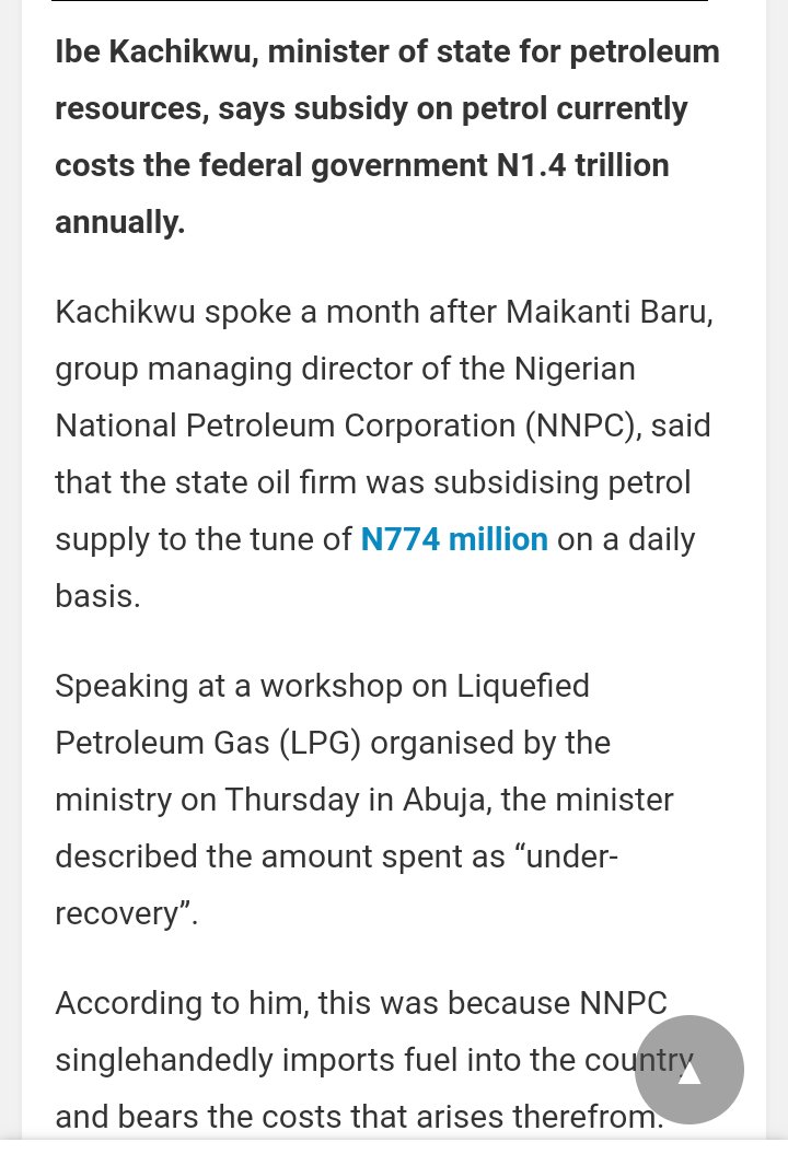 8/ CONFUSION GALORE: April 6, 2018,  @IbeKachikwu, then minister of state for petroleum resources, said subsidy on petrol costs the  @NigeriaGov N1.4 trillion annually, a month after former NNPC GMD, late  @DrMKBaru said FG subsidizes PMS with N774million daily.