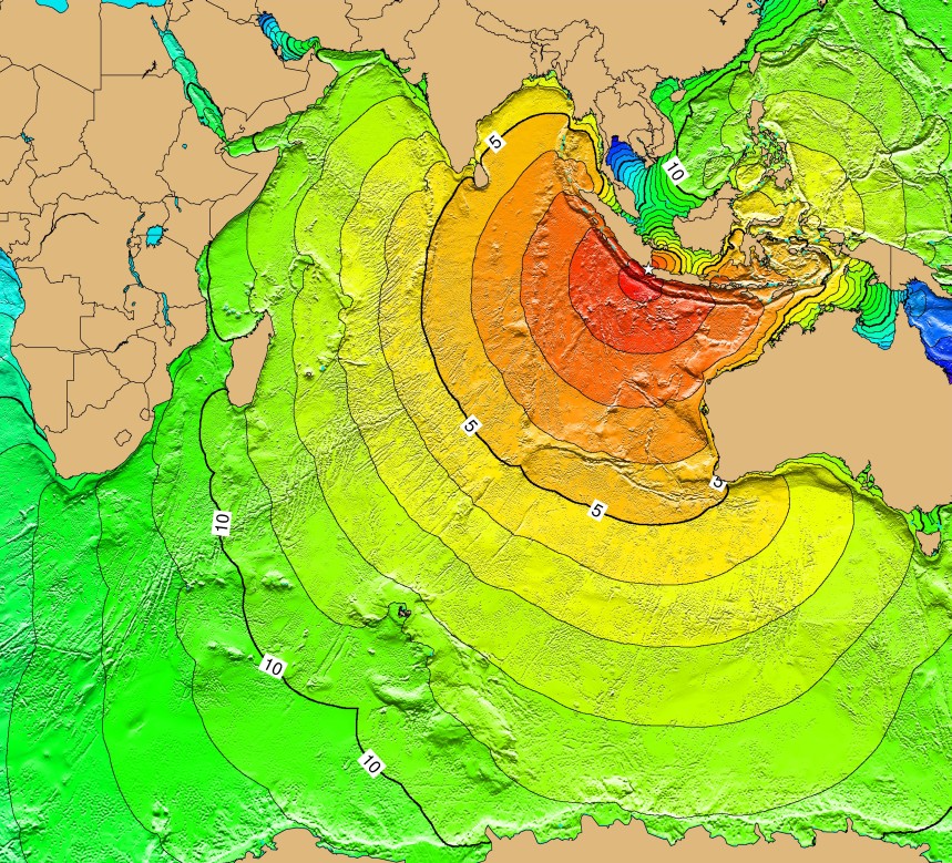 Une oscillation anormale des eaux jusque dans le golfe de Gascogne et dans la Manche à 18 000 km de la catastrophe. Les ondes de choc ont circulé plusieurs fois autour du globe et restent encore détectables 5 jours plus tard.