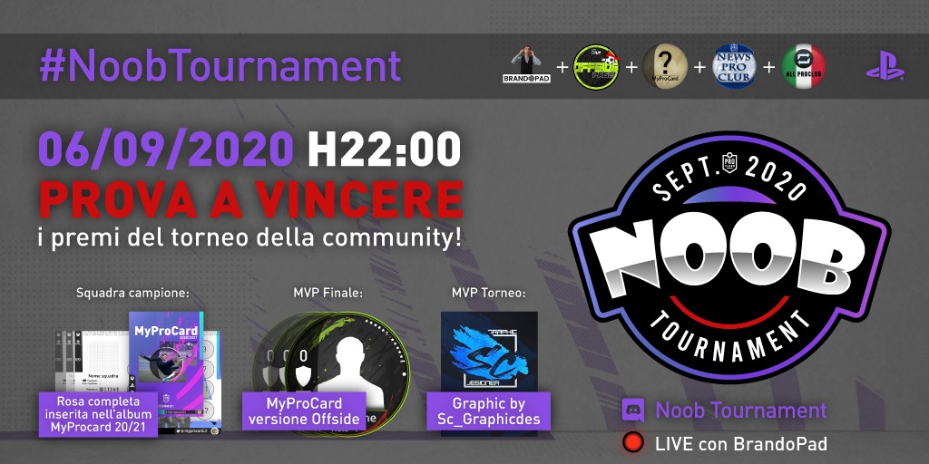 Mancano poche ore all'inizio del #NoobTournament 🔥 

Ci sono ancora pochi posti a disposizione, sia tra le squadre sia tra gli 'Svincolati Fc' 😱 

Iscrizione, info e regolamento su: discord.gg/Z99p8X7 

P.s. Date un'occhiata ai premi di questa edizione 👀⬇️