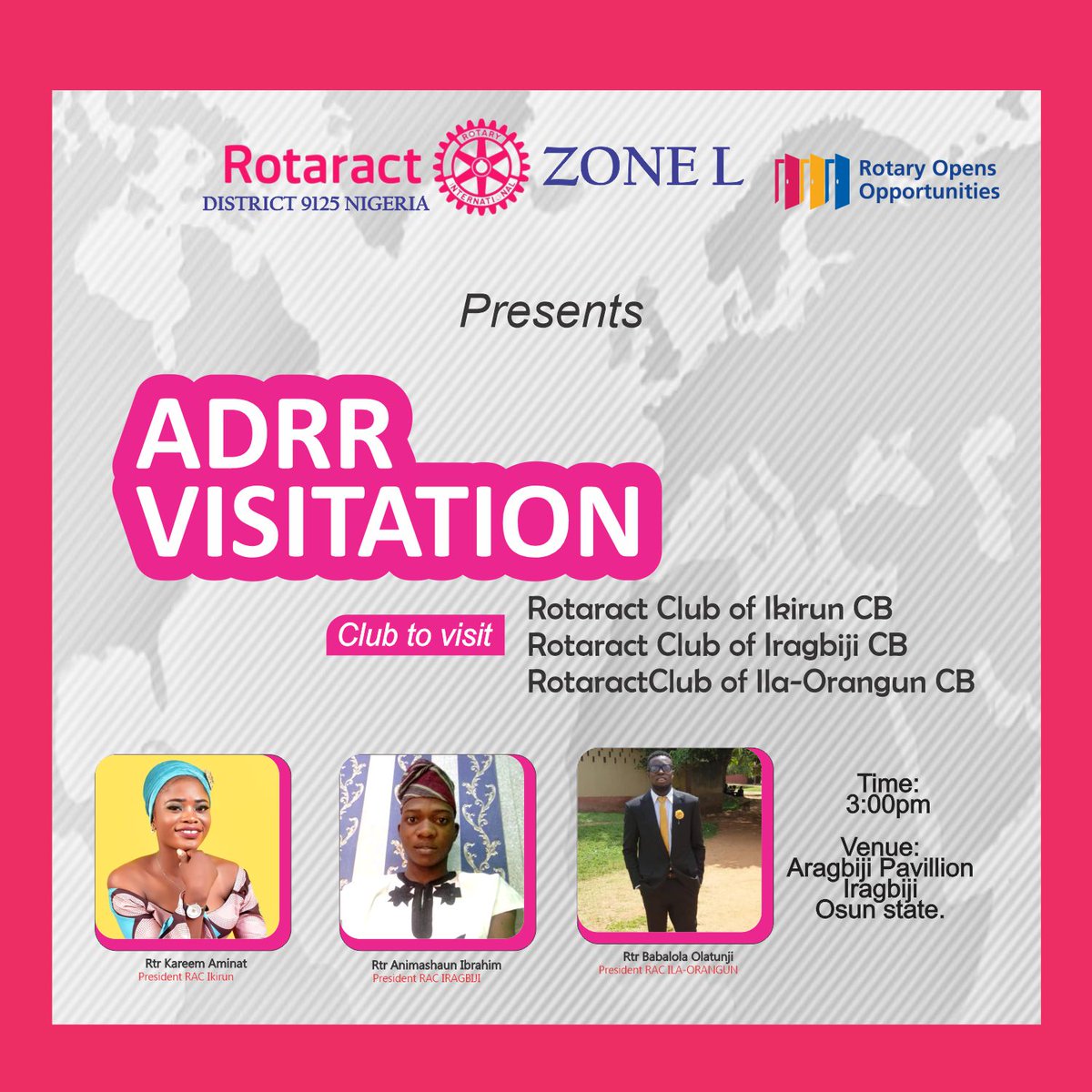 raczone3Osun's tweet photo. Rotaract Zone L District 9125 Ng

Begins ADRR Visitation Today with
Rac Ikirun 
Rac Iragbiji CB
Rac Ila-Orangun CB

Venue: Aragbiji Pavilion, Iragbiji
Time: 3pm https://t.co/3Z2V6yUlkw
