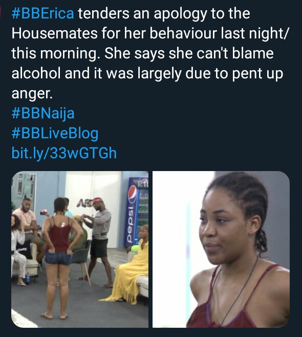 Demoboy18's tweet photo. #BBNajia update 😂 #BBErica 😂
Alcohol or pent up Anger.
That's on a #deep9 level. Abi 😂
#Erica #BBLiveBlog https://t.co/vrVkwbtRCJ