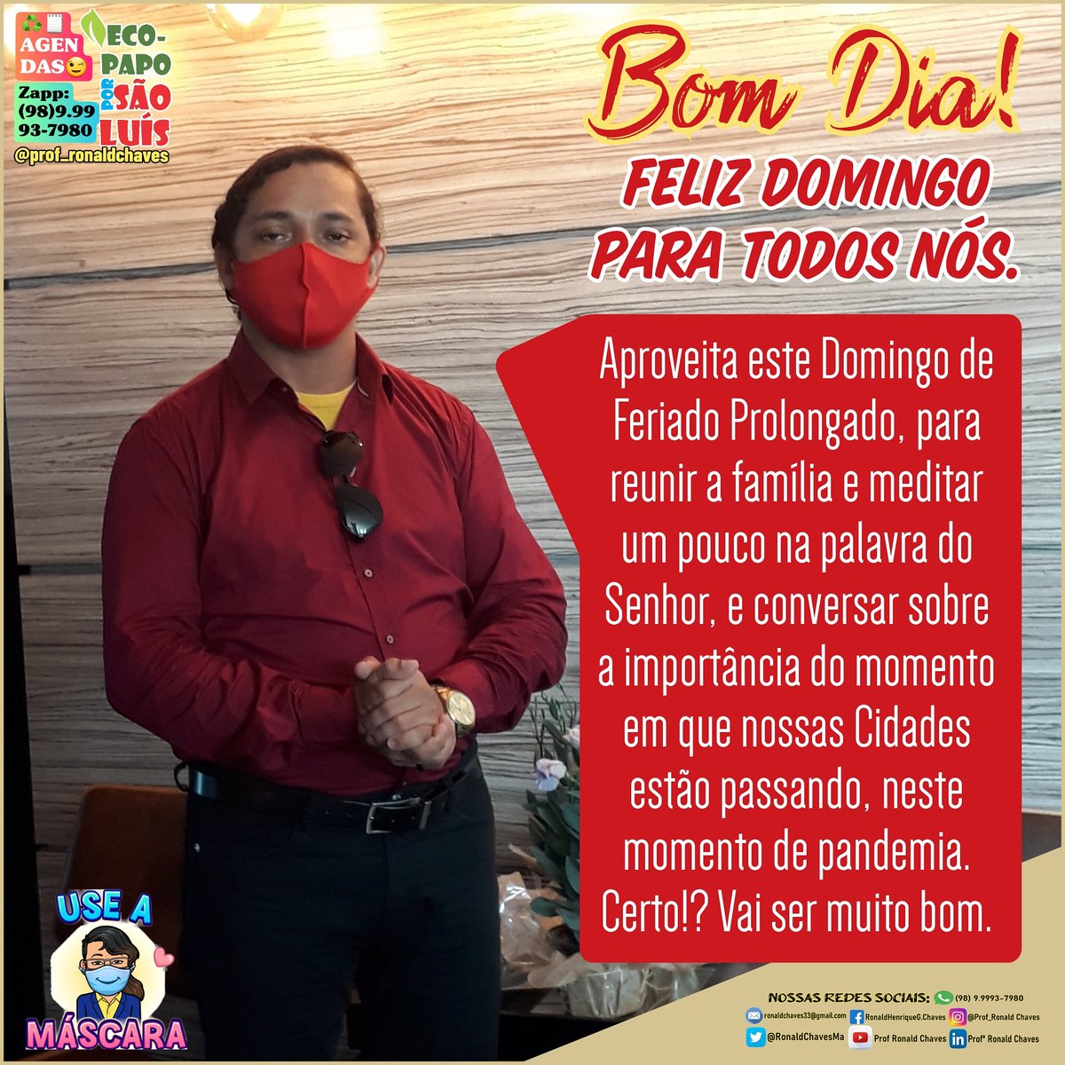 ma_resol's tweet photo. Olá! Bom dia! 
Feliz Domingo para todos Nós.

Aproveita este Domingo de Feriado Prolongado, para reunir a família e meditar um pouco na palavra do Senhor, e conversar sobre a importância do momento em que nossas Cidades estão passando, neste momento de pandemia. Certo!? https://t.co/nRCliumQvs