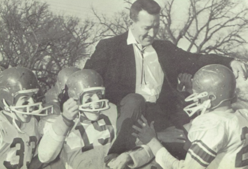 SuitUpVarsity's tweet photo. West Point Cadets carry Coach Duane Cox from the field after defeating Neligh in the 1962 Husker Conference Playoff.  They are celebrating their second-straight conference title and back-to-back Class C ratings crowns. https://t.co/z7qRv9Dyxa