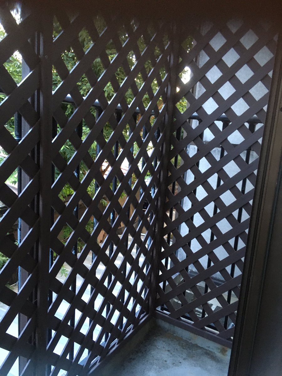 Gomashio Mk 猫の脱走防止の為 ベランダにラティスを設置しました 本当は縦ルーバーの方がよじ登りも防止できるけど 予算オーバー だからあくまでも一時的なストッパーです おそらく頭は通らないと思うけど 不安があれば更にネットなどを追加します