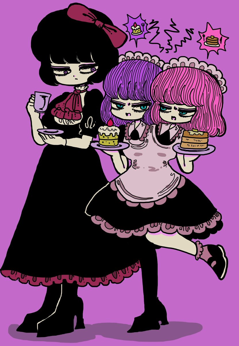 multiple girls food pink hair black hair dress cup maid  illustration images