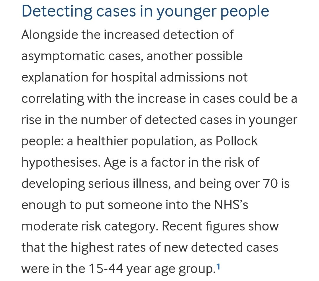 What they're trying to explain is why cases are going up but the number of people in hospital isn't.The far more likely explanation for this, as  @AllysonPollock and the BMJ article say, is that most of the people catching it now are young and less likely to be hospitalised.