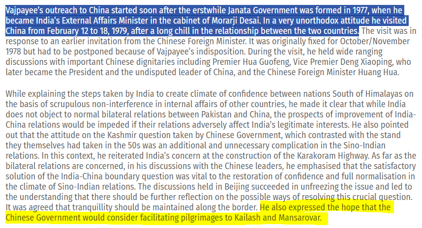 As opposed to Swamy's claims, it was Atal Bihari Vajpayee, the then External Minister who had played a pivotal role in reaching out to the Chinese in '79 & discussing the reopening of the Kailash Mansarovar route[Column by Rup Narayan Das, IDSA Senior Fellow]5/n