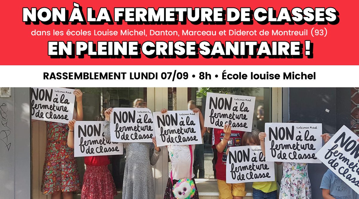 onibd's tweet photo. Rassemblement LUNDI 7/08 à 8h devant l'école Louise Michel @montreuil pour s'opposer à la fermetures de 4 classes + 1 dispositif 100% dans la ville ! 
Lien vers le communiqué de presse : https://t.co/J66YvbyLxa

#fermeture #classe #ecole #montreuil #COVIDー19 #Covid_19 https://t.co/0PdEENMwe1