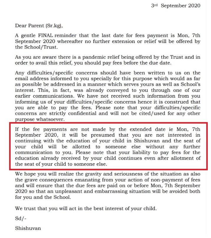 Shishuvan Mumbai run by charitable trust threat circular compelling Preprimary stressful parents to pay #COVID19  
<a href="/narendramodi/">Narendra Modi</a> <a href="/PMOIndia/">PMO India</a> <a href="/parents_mumbai/">MUMBAI.PARENTS.ASSOCIATION</a> <a href="/DrRPNishank/">Dr. Ramesh Pokhriyal Nishank</a> <a href="/Swamy39/">Subramanian Swamy</a> <a href="/suchetadalal/">Sucheta Dalal</a> <a href="/IndiaAspa/">ASPA_INDIA(All School Parents Association)</a> <a href="/smritiirani/">Smriti Z Irani</a> <a href="/NCPCR_/">NCPCR</a> <a href="/LegalLro/">Legal Rights Observatory- LRO</a> @ministrywcd <a href="/ncert/">NCERT</a> <a href="/SanjayDhotreMP/">Sanjay Dhotre</a> <a href="/AmitShah/">Amit Shah</a>