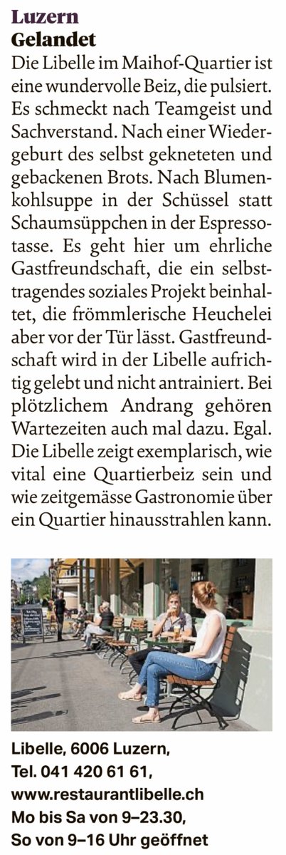 sportmann's tweet photo. Ein toller Teamgeist als Basis für grossartige Leistungen! Schön und absolut verdient, wenn das Team der Restaurant #Libelle mit ihrer Arbeit und dem lobenswerten Konzept über die Quartier- und Stadtgrenze hinaus Beachtung @sonntagszeitung findet. Herzliche Gratulation! https://t.co/X3IH3JiyAn