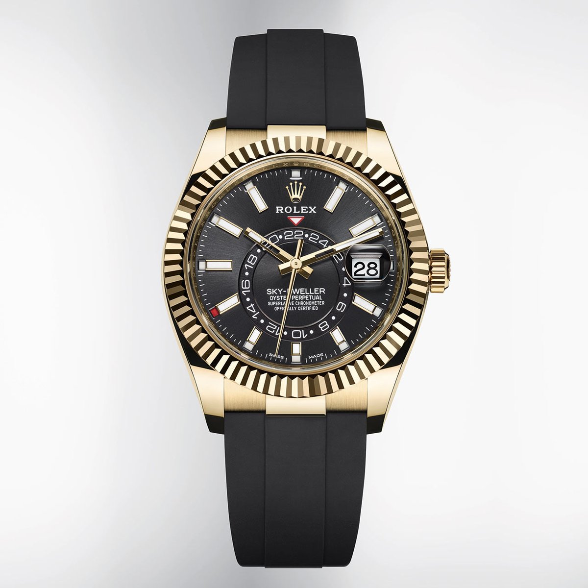 time_watches's tweet photo. Among other novelties, #Rolex presented a new yellow gold version of its Oyster Perpetual #SkyDweller, fitted with an #Oysterflex bracelet. This watch is the first in the Classic category to include this bracelet made of elastomer. Read more at https://t.co/52ZhMQRFsQ https://t.co/OkLit6S5Z3