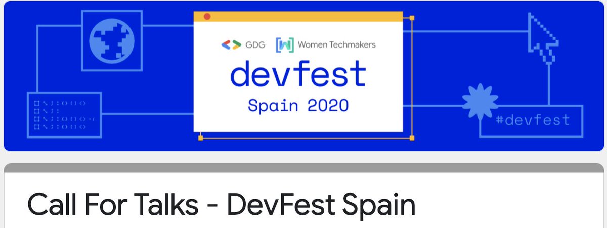 DevFest Spain Call for Talks is open! 
Everybody is welcomed!

Please help to promote it!

#DevFest w/ <a href="/GDG_ES/">GDG Spain</a> <a href="/WTMSpain/">WTM Spain</a> <a href="/GDGMarbella/">Google Developer Groups Marbella</a> <a href="/GdgAsturias/">GDG Asturias</a> <a href="/GDGLleida/">GDGLleida</a> <a href="/gdgvalencia/">GDG Valencia</a> <a href="/GDGMurcia/">Google Developer Groups Murcia</a> <a href="/GDGSantiagoES/">GDG Santiago de Compostela</a> <a href="/GDGLaRioja/">GDG La Rioja</a> <a href="/GdgVitoria/">GDG Vitoria</a> <a href="/GDGMenorca/">GDG Menorca</a> 
docs.google.com/forms/d/e/1FAI…