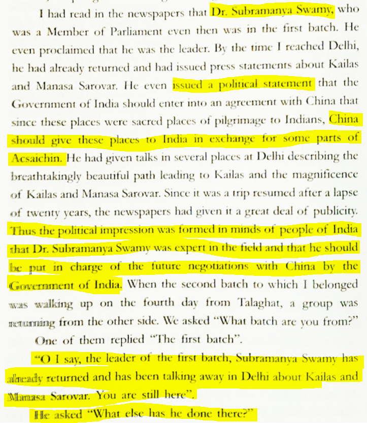 Renowned Kannada novelist S.L. Bhyrappa visited Kailash Mansarovar in 1981 tooBhyrappa in his autobiography 'Bhitti' [Published in '96] described how Swamy hijacked the credit for reopening Kailash Mansarovar7/n