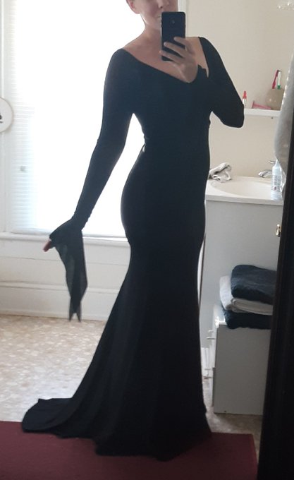 Before and after of my Morticia Addams costume.  Found a dress at Goodwill for $4.  Bought some black