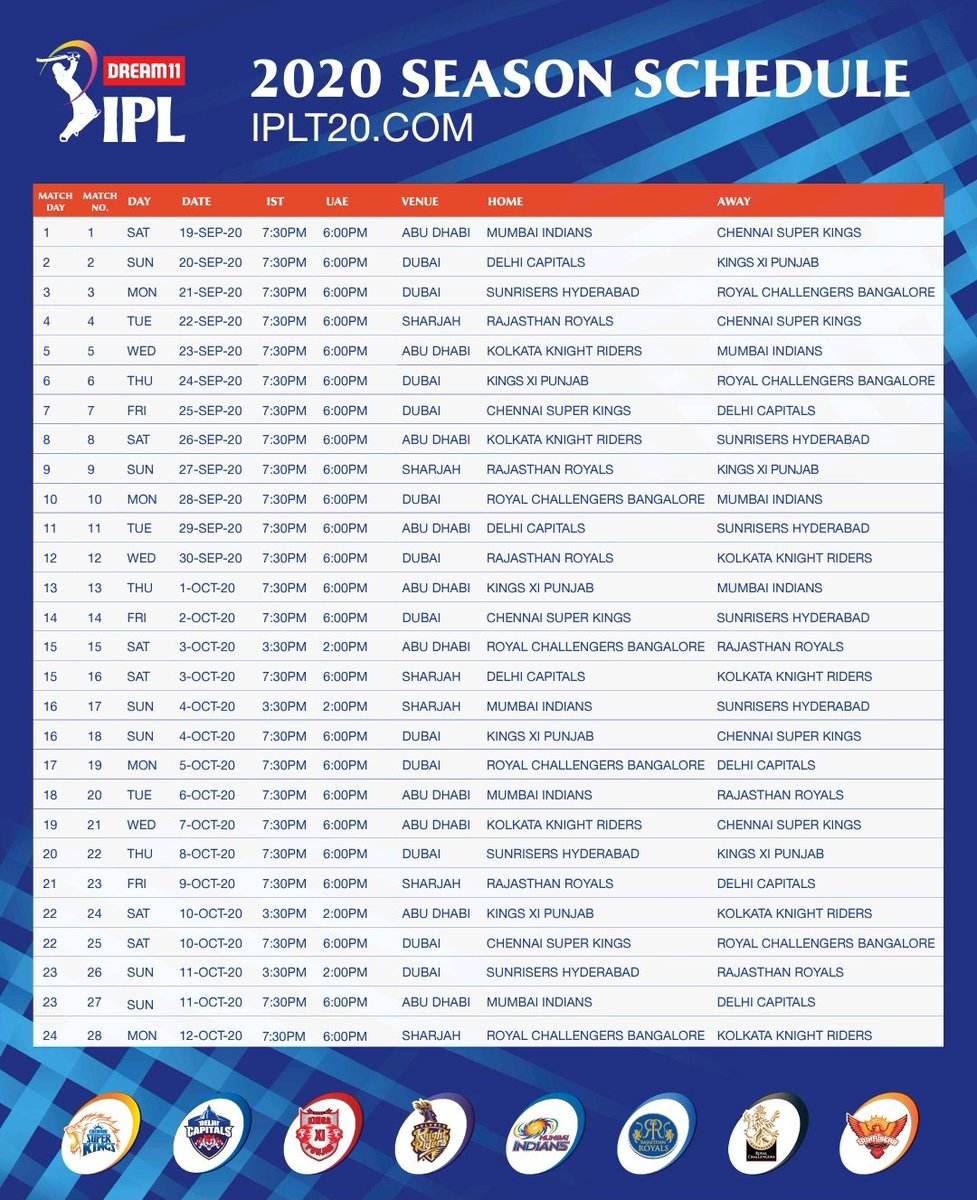 baraju_SuperHit's tweet photo. #IPL2020 Schedule which will start from Sept 19th 

#IPL2020Schedule #Dream11IPL https://t.co/WxbCmDxeLj