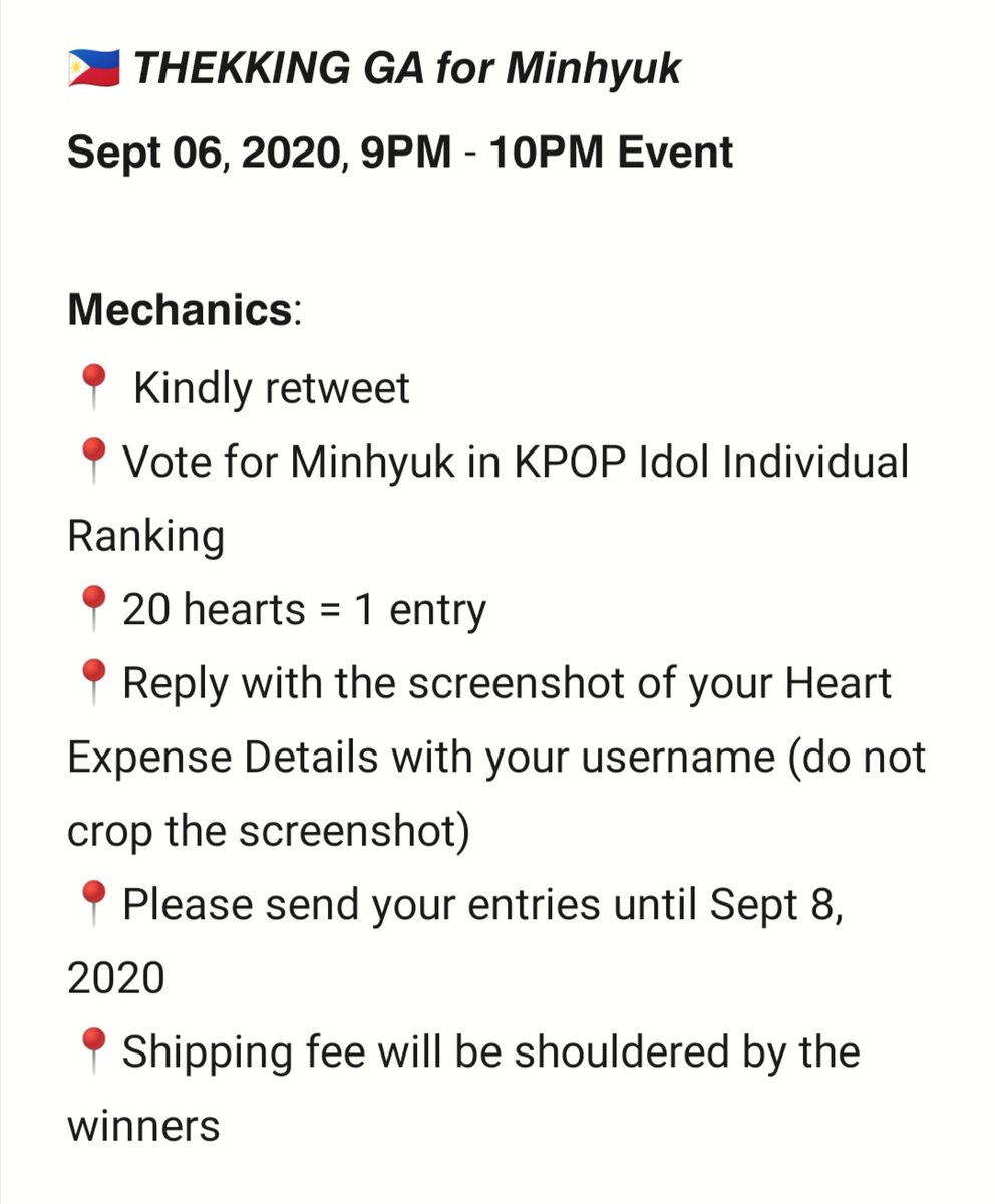  𝙏𝙃𝙀𝙆𝙆𝙄𝙉𝙂 𝙂𝘼 𝙛𝙤𝙧 𝙈𝙞𝙣𝙝𝙮𝙪𝙠𝗦𝗲𝗽𝘁 𝟬𝟲, 𝟮𝟬𝟮𝟬, 𝟵𝗣𝗠 - 𝟭𝟬𝗣𝗠 𝗘𝘃𝗲𝗻𝘁𝗠𝗲𝗰𝗵𝗮𝗻𝗶𝗰𝘀: Kindly retweetVote for Minhyuk in KPOP Idol Individual Ranking20 hearts = 1 entryFor full mechanics, please see photos below. 