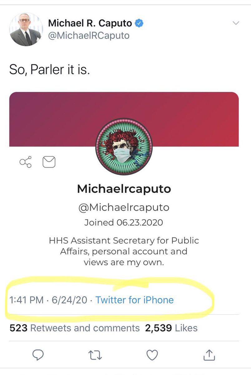 EvMacks's tweet photo. @hunterw He tweets political crap on his personal Twitter all day instead of doing his job. Also, harasses hospitals with thousands of calls if staff say bad things about Trump. #CaputoWorkdayTweets #DeletedCaputoTweets https://t.co/K0gnQCeNxO