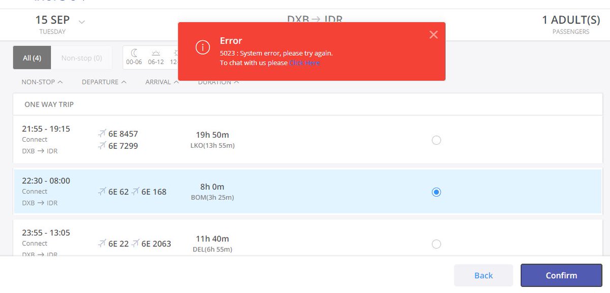 ZoherAli43's tweet photo. Hi @IndiGo6E, I have a booking of connecting flight from DXB-IDR, where flight BOM-IDR is canceled. I'm trying to avail Plan B. But facing an error. Kindly assist.
#indigo #indigo6E @HardeepSPuri @cgidubai https://t.co/M6I37odPgt
