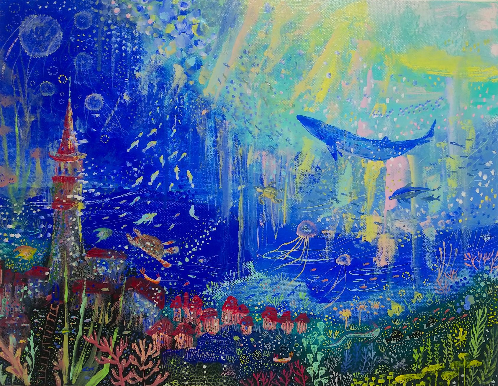 まみ郎 海底都市 以前描いた絵をf6の大きさで 描いて欲しいとのオーダーでした 依頼主様のお好きなクジラや 亀を描き込みました ペットさん似顔絵 似顔絵 ペット似顔絵 海 絵 イラスト 絵画