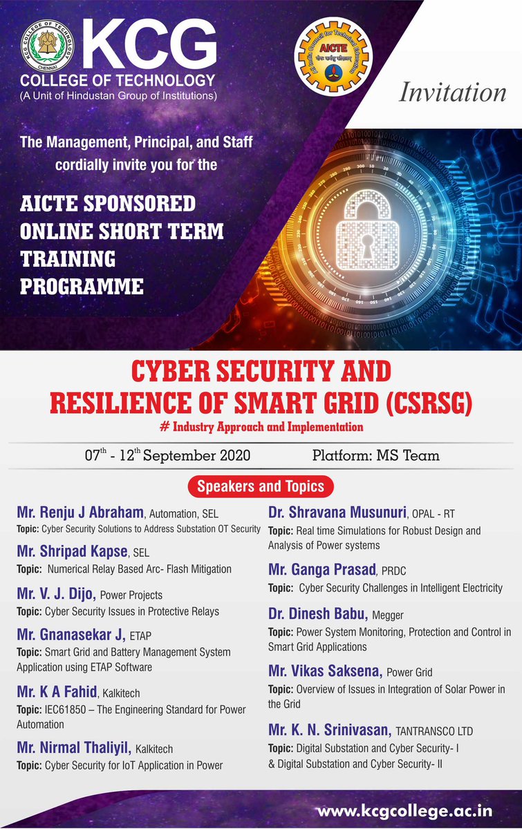 KCGtechnology's tweet photo. #KCGCollege invites you for the @AICTE_INDIA sponsored online short term training program on "Cyber Security and Resilience of Smart Grid (CSRSG) - Industry Approach and Implementation”
#KCGCollege #KCGstudents #cyber #AICTE #cybersecurity #smartgrid #Engineering #technology https://t.co/JGz23nFFhq