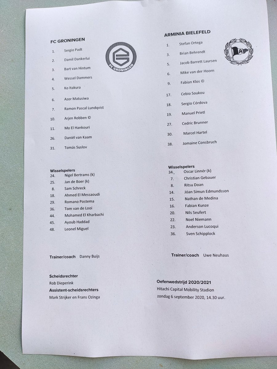 DanielTheelen's tweet photo. | OPSTELLING FC GRONINGEN |
FC Groningen start met Arjen Robben in de basis. Ook Tomas Suslov in de basis tegen Arminia Bielefeld.
#GroBie #groarm https://t.co/2e3FJLm2JN