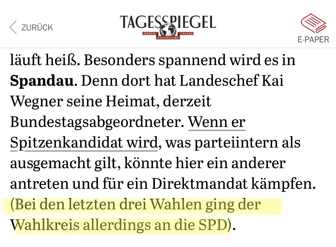 Kurzer Faktencheck für den @Tagesspiegel: Direktmandate im Wahlkreis 78 bei den letzten drei Bundestagswahlen.

▶️ #btw09: @kaiwegner (CDU)
▶️ #btw13: @kaiwegner  (CDU)
▶️ #btw17: Swen Schulz (SPD)

#Spandau