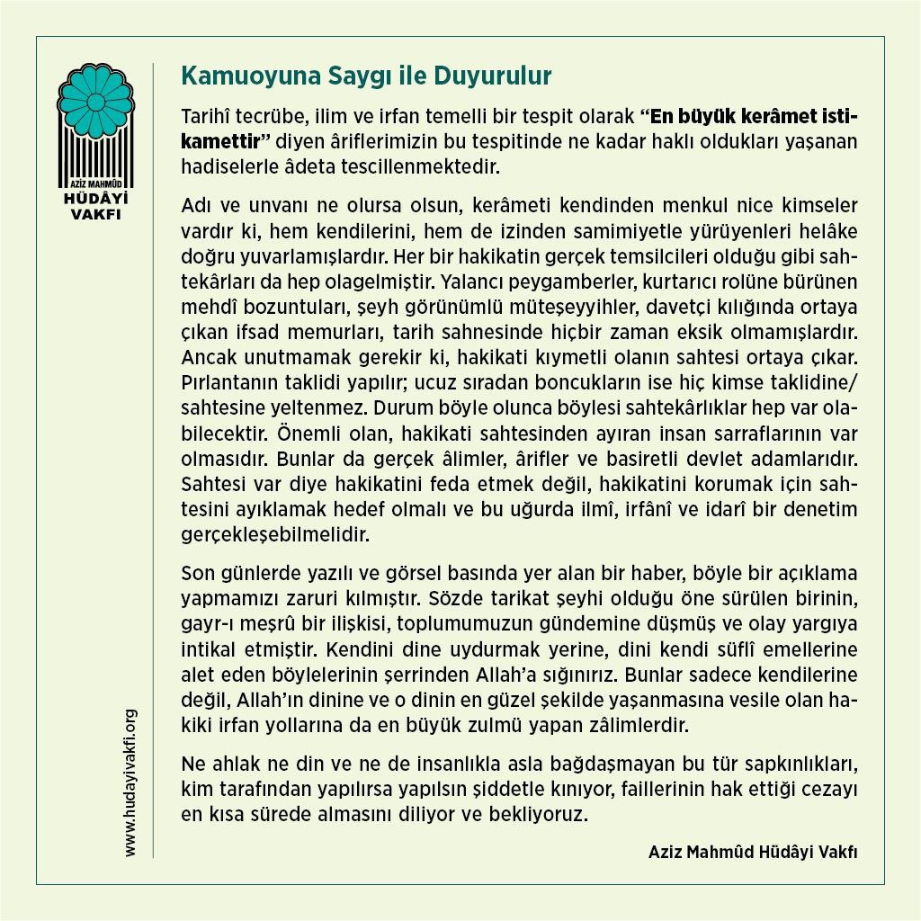 Kamuoyuna Saygı ile Duyurulur

Okumak için tıklayınız: hudayivakfi.org/en-buyuk-keram…