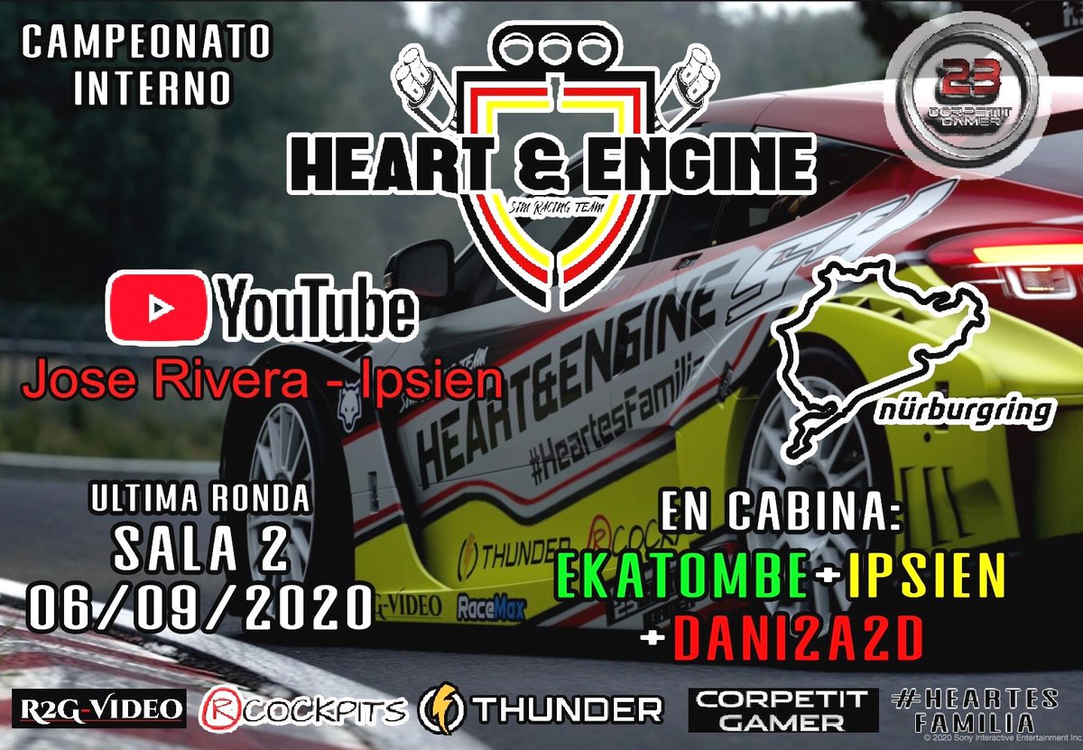 Esta noche última ronda de la sala 2 del campeonato interno H&amp;E. Nos espera el infierno verde con 50 minutazos de adrenalina. Os apuntáis? Y en cabina hay cucuruchos para todos. YT: Jose Rivera - Ipsien. <a href="/HeartandEngine/">Heart & Engine</a> <a href="/CardenosoDaniel/">ekatombe85</a> <a href="/Dani2a2d/">DCano</a> <a href="/JoseRiveraMar13/">Jose Rivera - ipsien</a>