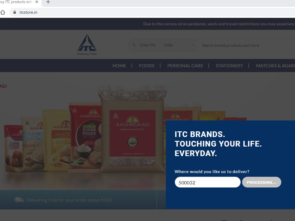 twithgnani's tweet photo. @ITC_Cares team facing issues in using https://t.co/OA738mww7L site. After entering pincode, page is hung and not responding. Please check and fix it so that we can place order. https://t.co/1QtxTTLvVv