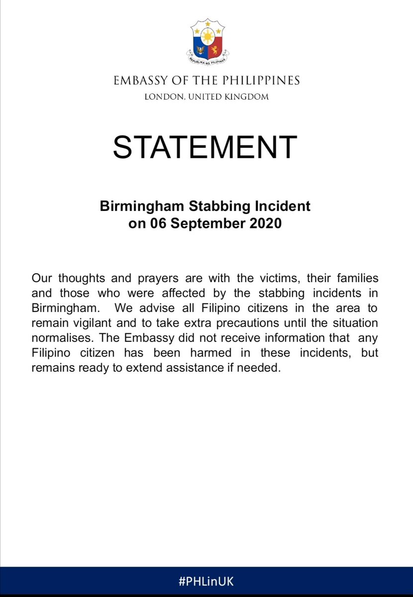 On the #Birminghamstabbings : We have received no reports that any Filipinos were harmed in the incident.  We continue to monitor the situation.