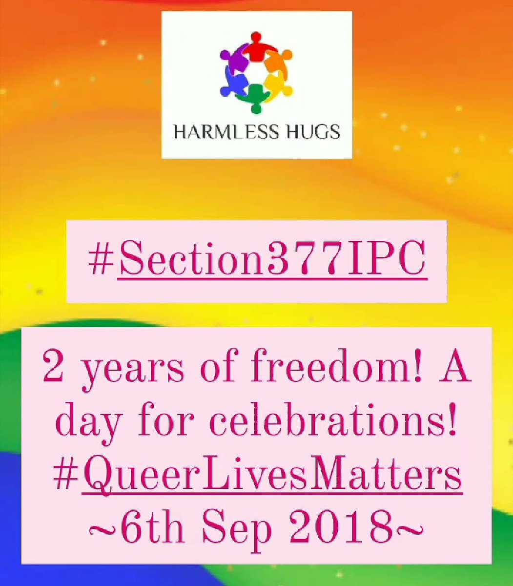 harmlesshugs's tweet photo. A day of celebration 🏳️���🌈 Love wins!
#2YearsOfIndependence
#HarmlessHugs #pride🌈 #LGBTQ #LGBT #Queer #India #LGBTrights #QueerLivesMatters https://t.co/TQVtRqhtiv