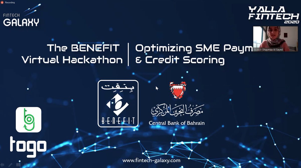 FintechGalaxy's tweet photo. Happening now: The BENEFIT Virtual Hackathon pitch-offs!
Join us using the following link
https://t.co/aHezneDOvD
#TheBENEFITCompany #YallaFintech #FintechHackathon https://t.co/Jrl2Btv9Lw