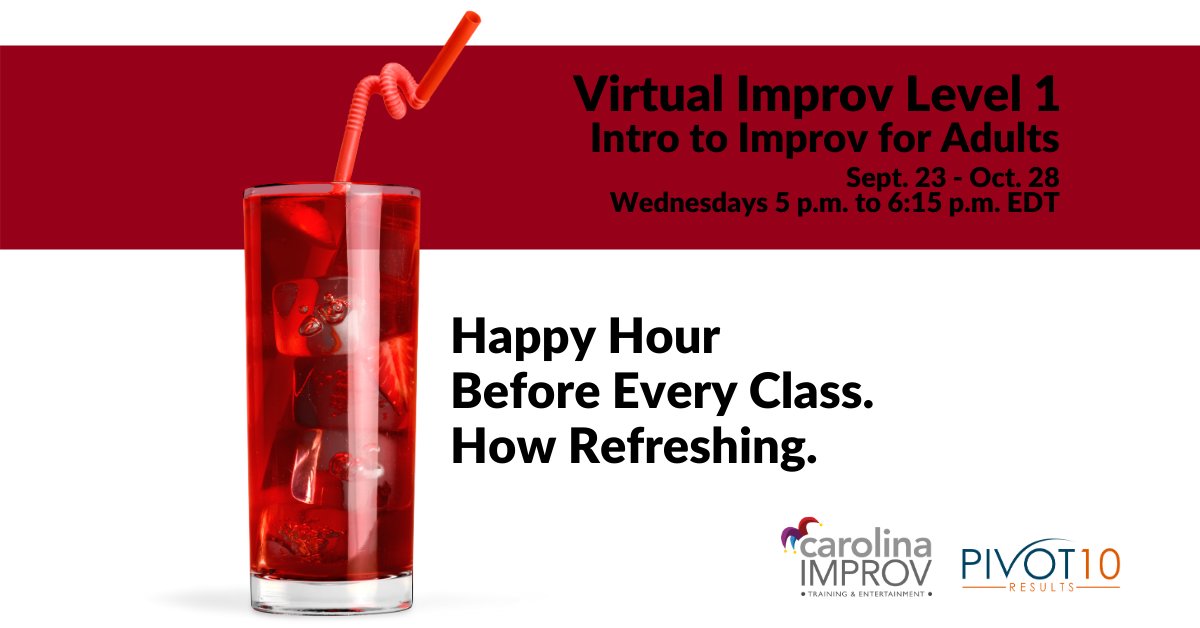 Pivot10Results's tweet photo. A bonus for our virtual improv class attendees - an optional pre-class “happy hour” starts at 4:30 ET before every class. So crack open a cold one and meet your classmates before you hone your business improv skills. 

Join us. 

REGISTER: https://t.co/jJMZ1UKsHw https://t.co/4OAo2mXmWp