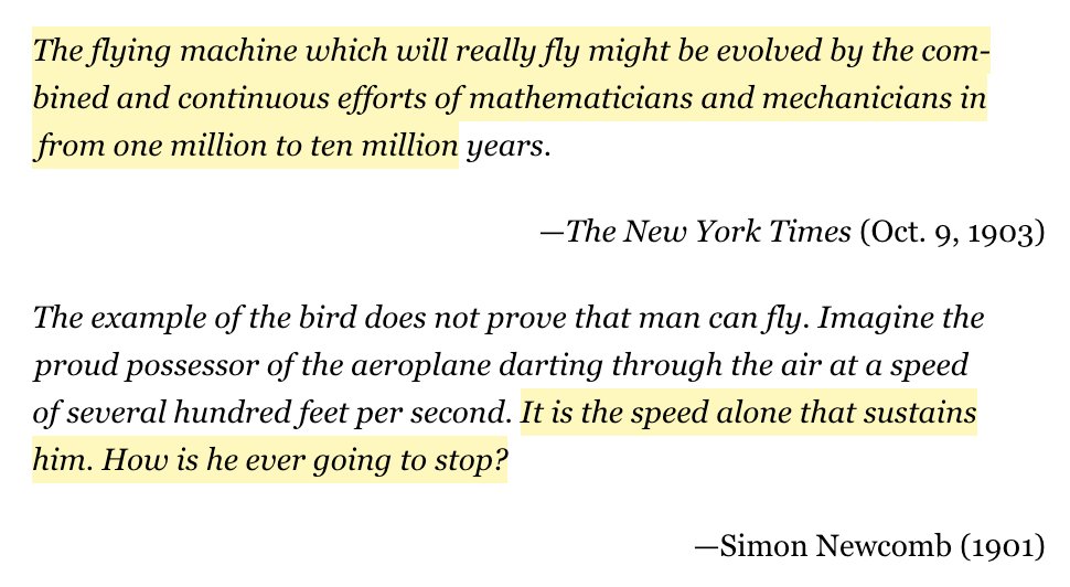 9/ So many good examples of Clarke's Law "When a elder preeminent scientist says that something is impossible, he’s probably wrong. When a elder preeminent scientist says something might be possible, he’s probably right."